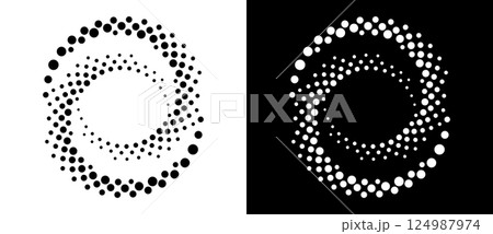 Circle abstract background with dynamic halftone dots in spiral. Yin and yang style. Black shape on a white background and the same white shape on the black side. Circle abstract background with dynamic halftone dots in spiral. Yin and yang style. Black shape on a white background and the same white shape on the black side. 124987974
