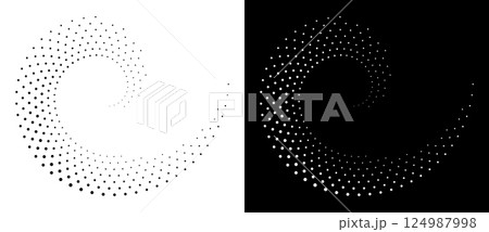 Modern abstract background. Halftone dots in spiral form. Round logo, design element or icon. Vector dotted frame. A black figure on a white background and an equally white figure on the black side. Modern abstract background. Halftone dots in spiral form. Round logo, design element or icon. Vector dotted frame. A black figure on a white background and an equally white figure on the black side. 124987998