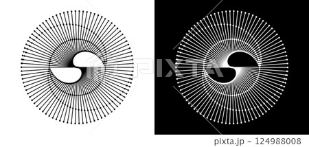 Spiral with lines as dynamic abstract vector background or logo or icon. Yin and Yang symbol. Black spiral on white background and white spiral on black background. 124988008