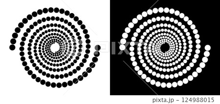 Circle abstract background with dynamic halftone dots in spiral. Yin and yang style. Black shape on a white background and the same white shape on the black side. 124988015