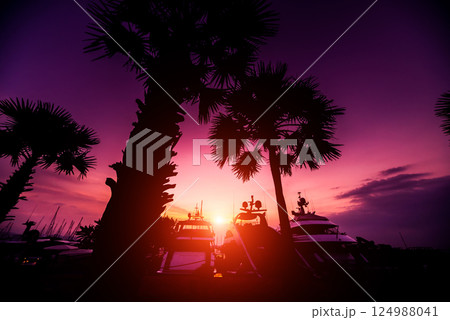 Beautiful sunset sky in the marina bay. View of harbor with yachts 124988041