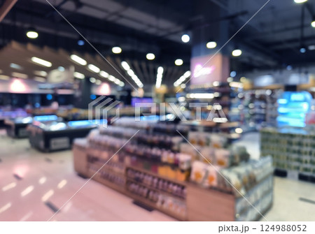 Blurry image of a grocery store with many shelves and displays 124988052