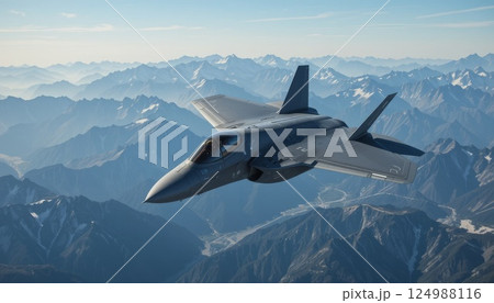 F-35 Lightning II flying high against a backdrop of alpine peaks. 124988116