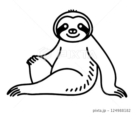 座っているポーズのナマケモノのシンプルな手描き線画イラスト　透過背景の切り抜き 124988182