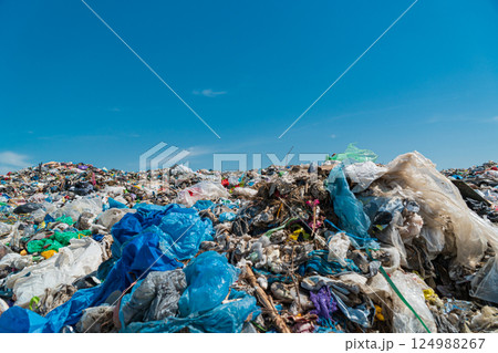 Environmental disaster. Landfill. Plastic scrap in landfill. City garbage 124988267