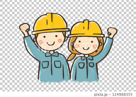 Male and female construction workers wearing work clothes, illustration of male and female workers posing with smiles 124988355