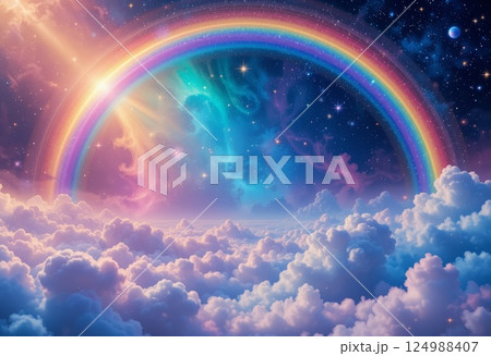 Fantasy rainbow background with clouds and stars. Magical landscape. 124988407