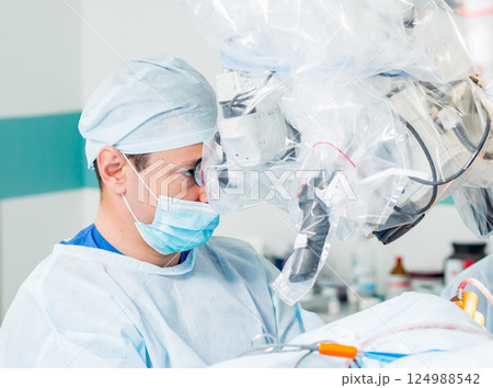 Brain surgery. Group of surgeons in operating room with surgery equipment. 124988542