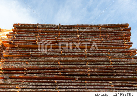 Wooden planks are neatly stacked under a vibrant sky, capturing the golden hour's enchanting light at a serene lumberyard 124988890