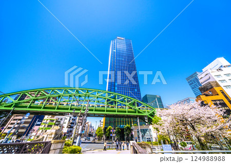 日本の東京都市景観　昌平橋交差点の上に架かる総武本線松住橋架道橋を走る総武線や超高層ビル、桜など 124988988