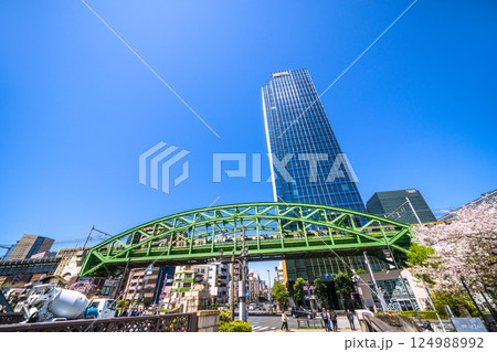 日本の東京都市景観　昌平橋交差点の上に架かる総武本線松住橋架道橋を走る総武線や超高層ビル、桜など 124988992