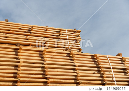 Piles of neatly arranged wooden planks showcase the quality of timber prepared for construction activities in bright daylight Piles of neatly arranged wooden planks showcase the quality of timber prepared for construction activities in bright daylight 124989055