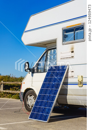 Solar photovoltaic panel at camper caravan 124989473