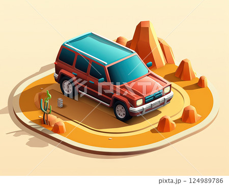 Isometric retro car travelling with elements of environment. Generated AI. 124989786