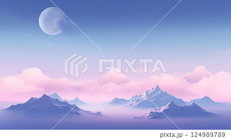 Pink landscape with moon over polygonal mountains. Calm surreal backround. Generated AI. 124989789