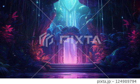 Mysterious door in the jungle. Neon colored scene with magic portal in the woods. Magic gate. Generated AI. 124989794