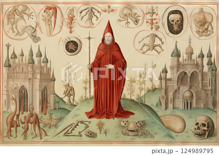 Medieval styled occult art with skeleton and monsters. Ancient icon or old book illustration with mystic religious scene. Generated AI. 124989795