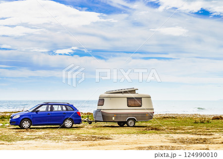 Caravan trailer camping on coast, Spain. Caravan trailer camping on coast, Spain. 124990010