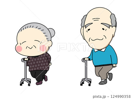 四点杖をついたおじいさんおばあさん 124990358