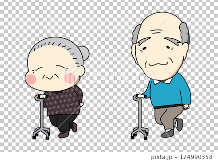 祖父和祖母拄著四叉拐杖 祖父和祖母拄著四叉拐杖 124990358