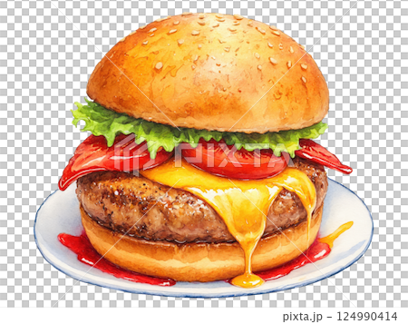 Sliders - Mini Sliders with juicy beef patties, melted cheese, and fresh toppings, vibrant red, yellow, and brown hues, isolated 124990414