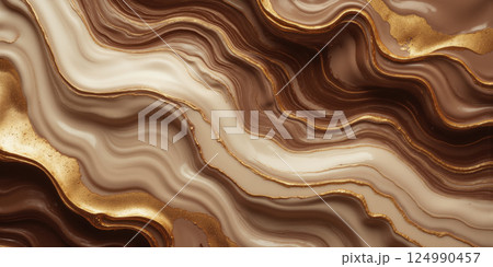 Marbled Mocha Mousse and Cream Texture with Gold Veins for Luxury Appeal A luxurious and polished abstract background featuring marbled 124990457