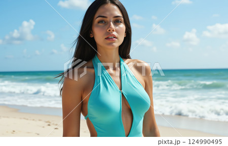 Turquoise blue one-piece swimsuit with a high neck and cut-out sides, designed to provide both comfort and style. The vibrant Turquoise blue one-piece swimsuit with a high neck and cut-out sides, designed to provide both comfort and style. The vibrant 124990495