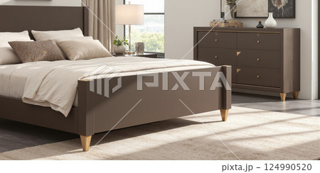 Stylish mocha mousse bed frames with matte metal slats accented by polished gold finishes on the corners. The setting features 124990520