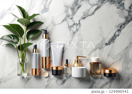 cosmetic bottle containers with green herbal leaves cosmetic bottle containers with green herbal leaves 124990541
