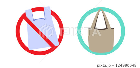 Illustration Of Forbidden Plastic Bag And Approved Reusable Cotton Bag Sustainability Concept Illustration Of Forbidden Plastic Bag And Approved Reusable Cotton Bag Sustainability Concept 124990649