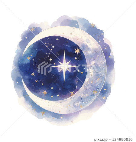 Creative celestial design featuring a crescent moon and twinkling stars with a deep blue background 124990816