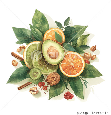 Fresh fruit and nut arrangement features vibrant colors and natural textures 124990817