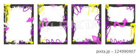 Grunge black diptych templates frame with arrows. Graffiti spray art mockup backgrounds set. Double borders with airbrush lines. Ink punk decor for photo. Overlay vector retro textures on posters Grunge black diptych templates frame with arrows. Graffiti spray art mockup backgrounds set. Double borders with airbrush lines. Ink punk decor for photo. Overlay vector retro textures on posters 124990907
