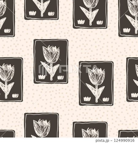 Tulip flowers seamless pattern. Block floral stencil on vintage frame allover background. Crayon drawn repeat cover. Surface pattern design spring motif. Vector hand drawn monochrome illustration Tulip flowers seamless pattern. Block floral stencil on vintage frame allover background. Crayon drawn repeat cover. Surface pattern design spring motif. Vector hand drawn monochrome illustration 124990916