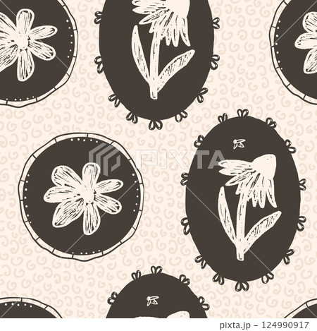 Flowers seamless pattern. Floral stencil on vintage frames allover background. Coneflower or daisy in oval and circular border. Vector hand drawn monochrome illustration 124990917