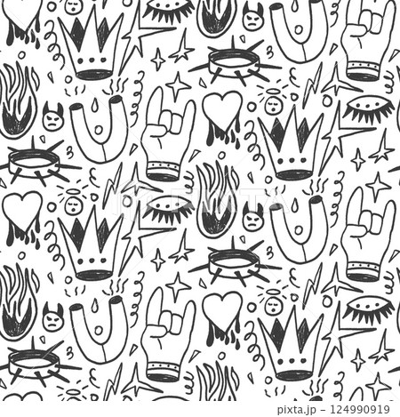 Girly punk rock crayon seamless pattern. Graffiti doodle marker endless background. Naive charcoal hors, fire, crown repeat cover. Ink continuous monochrome ornament. Vector hand drawn illustration Girly punk rock crayon seamless pattern. Graffiti doodle marker endless background. Naive charcoal hors, fire, crown repeat cover. Ink continuous monochrome ornament. Vector hand drawn illustration 124990919