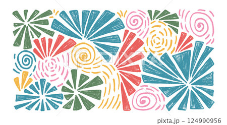 Fireworks Set. Festive clapper isolated on white background. Red, blue and yellow children's artwork. Splash and circular flash. Vector hand drawn illustration 124990956