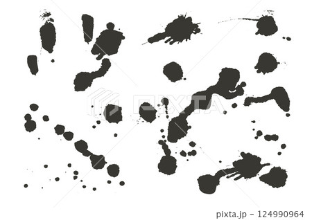 Black paint liquid. Vector ink spray splashes and splatter. Grunge graffiti art drops sprayed. Urban street dirty stencil on wall. Graphic collage messy spots and blobs 124990964