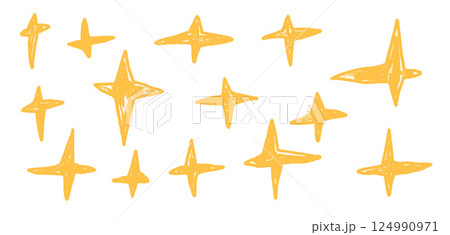 Crayon drawn golden sparkle stars set. Space shine shapes and blings doodle pack. Blinking on night sky. Vector handdrawn by pencil or pastel illustration isolated on white background. Crayon drawn golden sparkle stars set. Space shine shapes and blings doodle pack. Blinking on night sky. Vector handdrawn by pencil or pastel illustration isolated on white background. 124990971