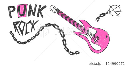 Punk Rock crayon emblem. Music band concert doodle background with copy space. Scribble grunge hand drawn broken chain and guitar. Vector pencil isolated illustration 124990972