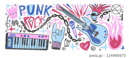 Punk rock music party crayon drawn set. Rock n roll festival doodle background. Scribble grunge music concert flyer elements. Guitar, electronic piano horns, mic graffiti art. Vector illustration 124990973