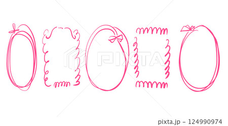 Doodle coquette frames with bows. Vintage line wavy border with ribbons set. Vector cute scribble curly rectangle and oval template foe holiday menu. Minimalistic cadre birthday hand drawn. 124990974