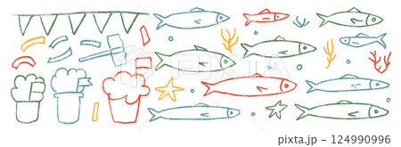 Fishes crayon line doodle set. Santos Populares festival. Hand drawn sardines, hammer, confetti . Fish with garlands, manjerico, party elements. Vector naive colorful summer holiday illustration Fishes crayon line doodle set. Santos Populares festival. Hand drawn sardines, hammer, confetti . Fish with garlands, manjerico, party elements. Vector naive colorful summer holiday illustration 124990996