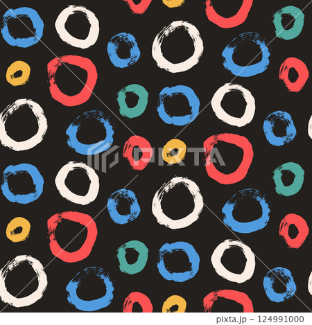 Circle brush stroke seamless pattern. Polka dots endless background. Paint tribal decor repeat cover. Abstract continuous ornament. Surface pattern design round enso motif. Vector hand drawn bg 124991000