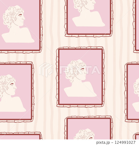 Greek statues portrait seamless pattern. Antique Roman face sculpture on retro frame endless aop background. Rococo surface pattern design vintage ancient motif. Vector hand drawn illustration Greek statues portrait seamless pattern. Antique Roman face sculpture on retro frame endless aop background. Rococo surface pattern design vintage ancient motif. Vector hand drawn illustration 124991027