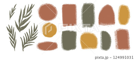 Linocut rough geometric shapes and plant silhouette set. Circle, ellipse, rectangle text boxes. Abstract japandi decor. Vector geometry shapes. Hand drawn collection illustration on white background 124991031