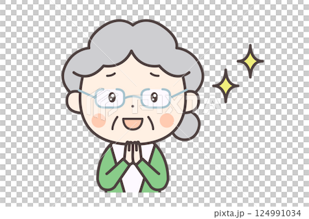 一位老婦人雙手緊握，看起來很開心 124991034