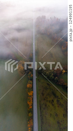 Aerial image with a road through the foggy forest at sunrise in Black Forest, Germany 124991195