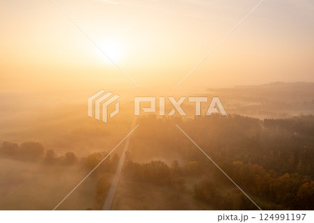Aerial image with multicolored forest and a road on a foggy morning of autumn 124991197