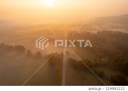 Drone shot with an autumn forest and a road on a foggy morning at golden hour 124991222